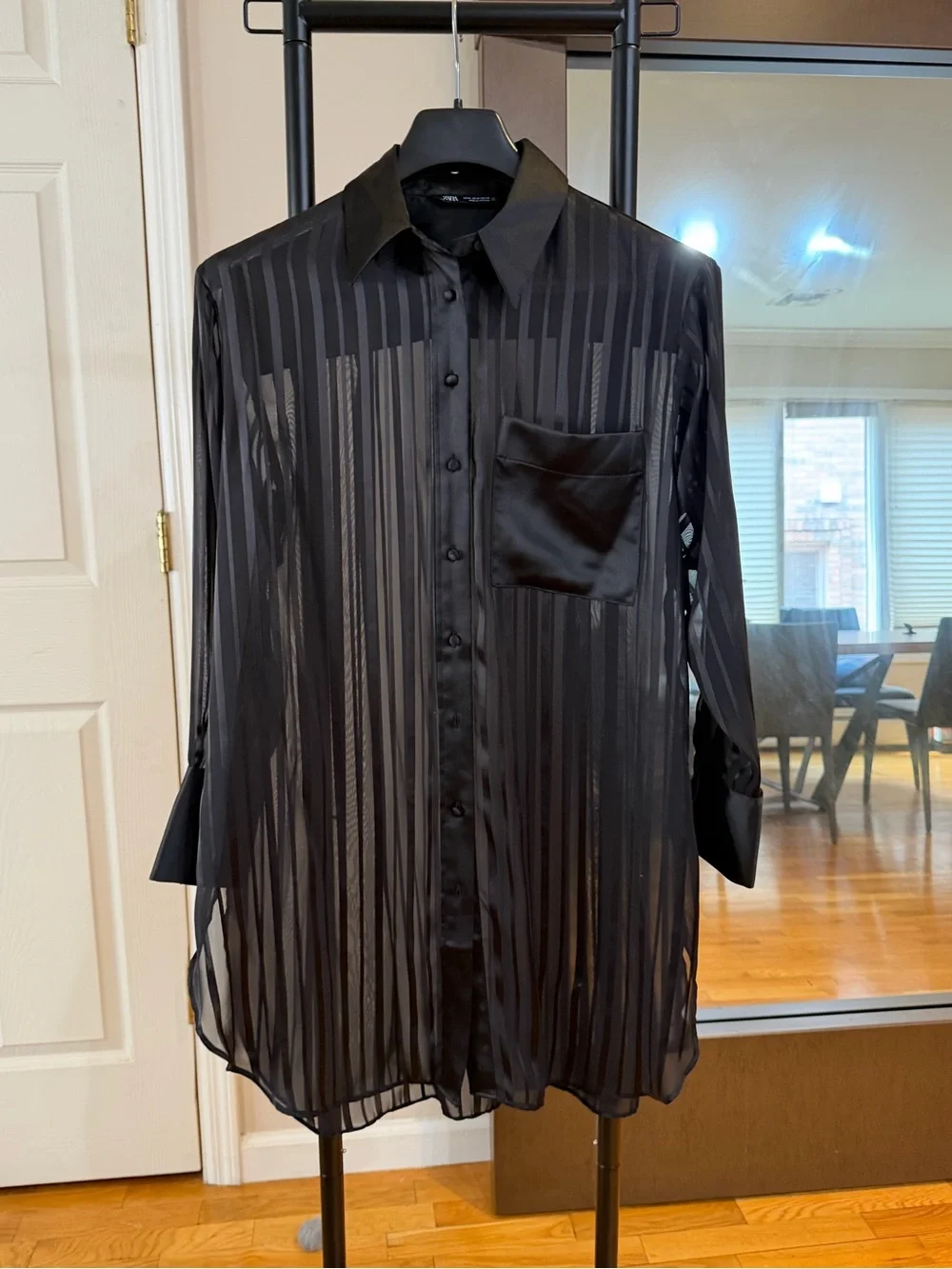 Zara Black Sheer Striped Button-Down Blouse *NWOT